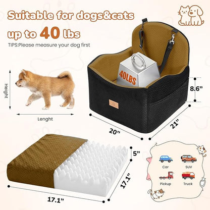 Dog Car Seat for Medium/Small Dogs, Dog Booster Car Seat, Pet Booster Seats Up to 40lbs with Waterproof Layer, 3 Storage Pockets and Safety Belt (Black/Brown)