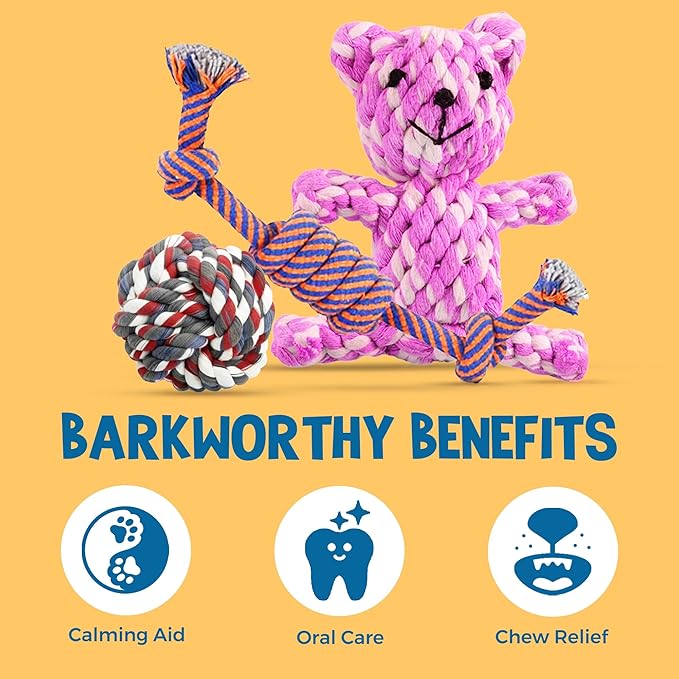 SunGrow Cotton Knot Puppy Chews, 4.5" Tough Teething Chewable Teddy Bear, 2.5" Ball, 12" Durable Oral Chew Rope, Handwoven for Small Breeds Dog, Massage Teeth, Gums, Random Color, 3 Pcs