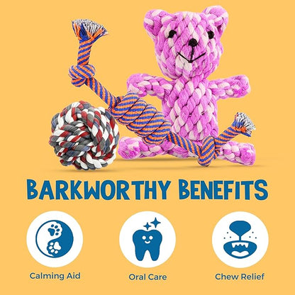 SunGrow Cotton Knot Puppy Chews, 4.5" Tough Teething Chewable Teddy Bear, 2.5" Ball, 12" Durable Oral Chew Rope, Handwoven for Small Breeds Dog, Massage Teeth, Gums, Random Color, 3 Pcs