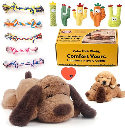 BEVERLYSHARK Puppy Heartbeat Toy Dog Anxiety Relief Sleep Calming Aid Heartbeat Stuffed Animal Behavioral Crate Kennel Training Heartbeat Plush Toy for Small, Medium, Large Dog Cat Brown-C