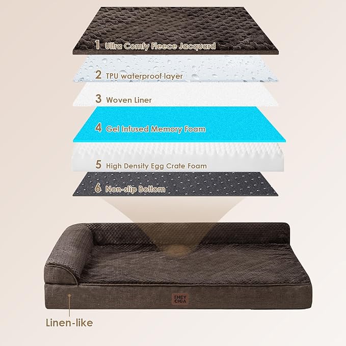 EHEYCIGA Extra Large Dog Bed Othorpedic, Memory Foam XL Dog Bed with Washable Removable Cover, Waterproof Pet Sofa Couch XLarge Size Dogs with Nonskid Bottom, 44x32x6.5, Brown