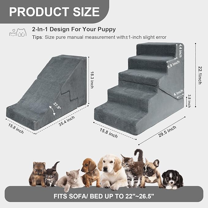Dog Stairs for Small Dogs 22" H, 2-in-1 Transformable 5-Step Pet Stairs and Ramp, Dog Steps for Bed with Non-Slip Bottom and Washable Cover(Gray)