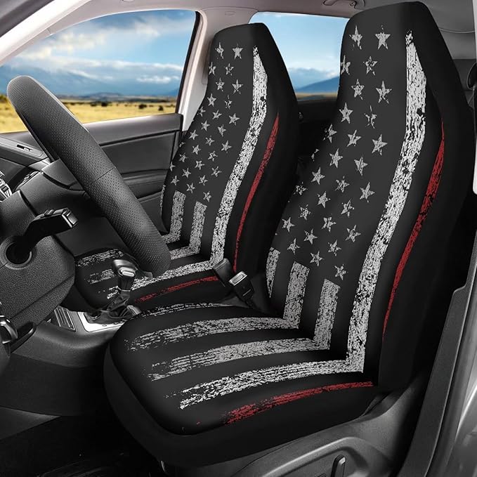 American Flag Car Seat Covers Full Set of 2, Cloth Seat for Auto Front Seats, Black Bucket Seat Covers Protectors for Cars Washable and Breathable Car Accessories for Sedan Truck SUV
