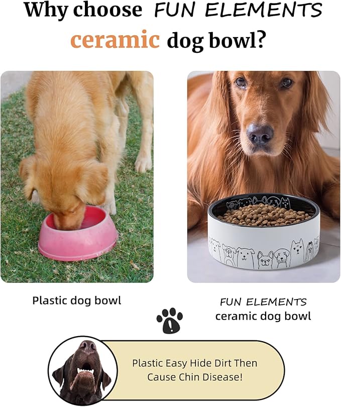 Fun Elements Ceramic Dog Bowls - Large, Non-Slip, 64 Fl Oz, Black with Adorable Dog Patterns (Large, Black)