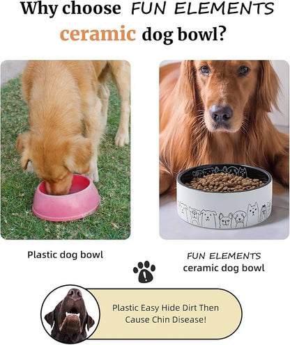 Fun Elements Ceramic Dog Bowls - Large, Non-Slip, 64 Fl Oz, Black with Adorable Dog Patterns (Large, Black)