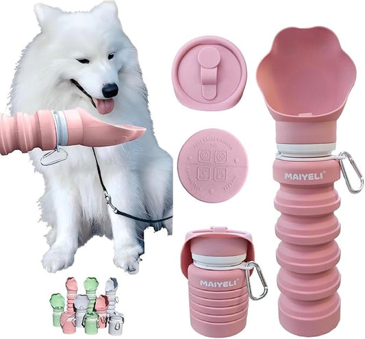 Portable Dog Water Bottle, Collapsible Silicone Dog Water Bottle with Bowl, Squeeze Leak-Proof Travel Water Dispenser for Walking, Hiking & Camping, 225–550ml (Pink)