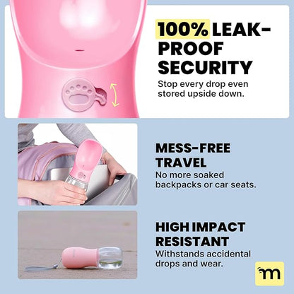 MalsiPree Leak-Proof Portable Dog Water Bottle for Travel - 19 oz, with Pink Bowl - Food Grade Plastic - Dog Bowls - Puppy Essentials - Pet Water Bottle