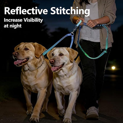 Roses&Poetry Hands Free Double Dog Leash for Two Dogs, 9-11ft Adjustable Bungee Walking Waist Lead, Dual Dog Leash with Tangle-Free Swivel for Medium Large Dogs Heavy Duty Running(Bluegreen)