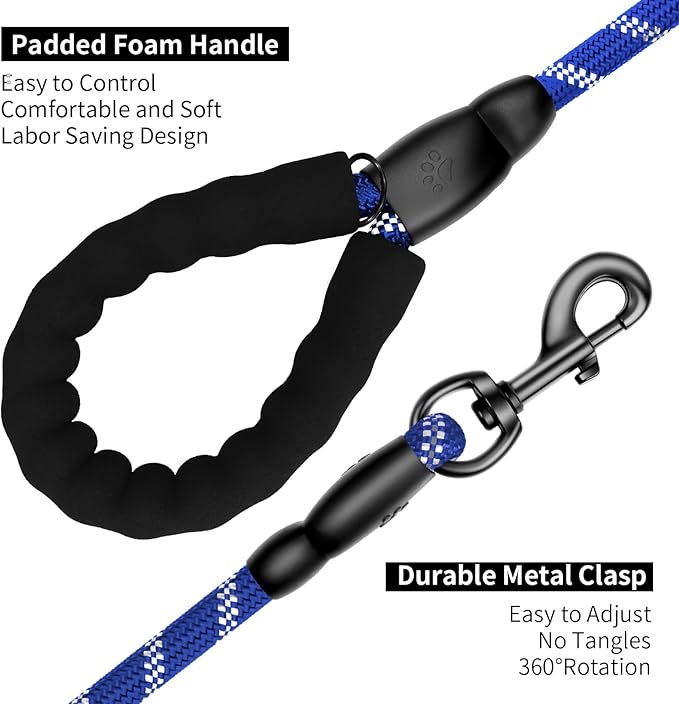 Heavy Duty Dog Leash for Large Medium Small Breed Dogs, Reflective Rope Dog leashes with Comfortable Handle,4/5/6 FT Pet Puppy Leash for Night Walking with Poop Bag Holder,Blue,1/2 inch