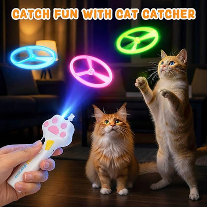 Cat Chase Fetch Toy - Rechargeable Disc Launcher with 6 Flying Spinners - Best Interactive Pet Hunting Toys for Indoor Outdoor Yard Cats Dog (White)