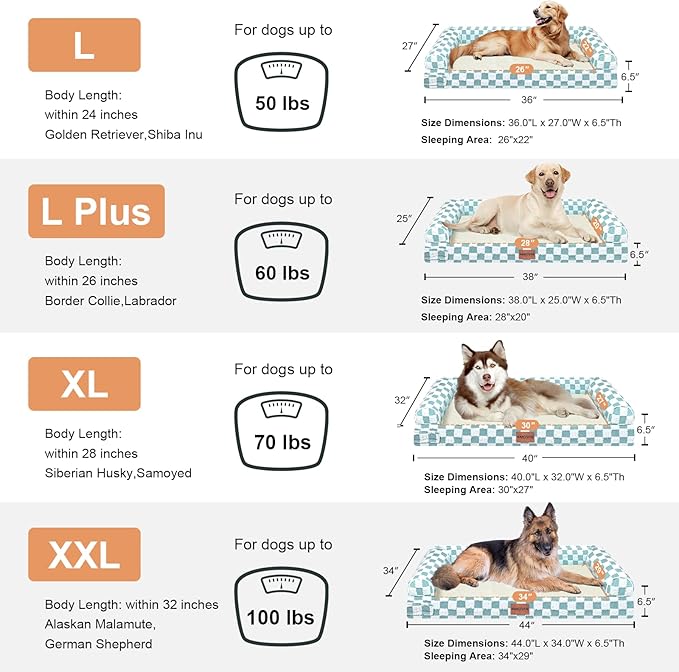 Large Dog Bed Orthopedic Washable: Beds Bolster XL Bed Medium Large Dogs Egg Crate Foam Couch Sofa Waterproof with Removable Cover - Green Grid