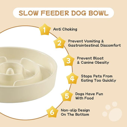 Ceramic 0.9 Cup Raised Slow Feeder Dog Bowl Set, Elevated 6.1inch Water Bowl and 6.1inch Slow Dish with Wooden Stand for Small Dogs (2 x Light Yellow+ Stand)