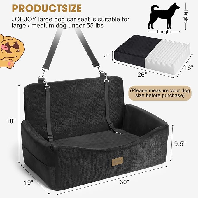 JOEJOY Dog Car Seat for Large Medium Sized Dogs Under 55 lbs, Dog Booster Seat for 2 Small Dogs with Detachable Washable Cover, Memory Foam Pet Car Seat with 2 Safety Belts and Storage Pockets