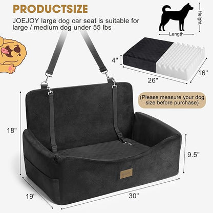 JOEJOY Dog Car Seat for Large Medium Sized Dogs Under 55 lbs, Dog Booster Seat for 2 Small Dogs with Detachable Washable Cover, Memory Foam Pet Car Seat with 2 Safety Belts and Storage Pockets