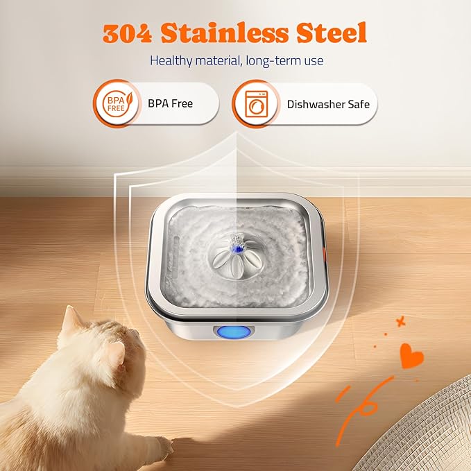 Cat Water Fountain Stainless Steel, 4L/135oz Pet Fountain, Automatic Dog Drinking Dispenser with Water Level Window, Filter, Quiet Pump, Silver
