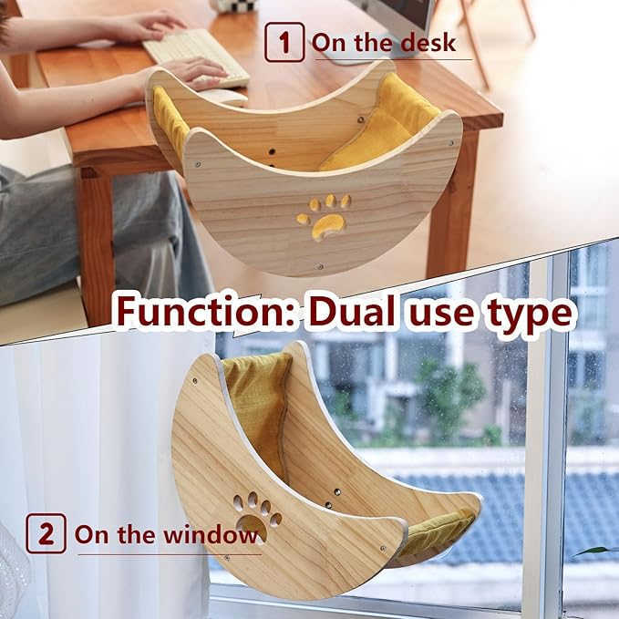 Cat Window Perch Hammock Bed with Strong Suction Cups, Space-Saving Window Cat Bed for Indoor Cats, Multi-Use Moon Shelf for Desk or Window