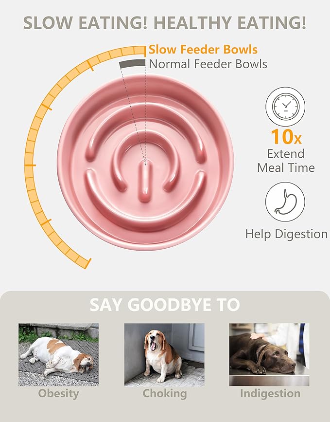 Ceramic Slow Feeder Dog Bowls Elevated, 0.6 Cup Slow Feeder for Small Dogs, Puzzle Maze Bowl, Prevents Choking, 6in, Pink
