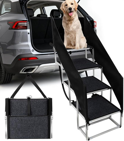 Dog Stairs with Guardrail for Large Dogs Extra Wide 20 Inch Step, 34 Inch 4 Step Non Slip Surface, Supports up to 230 lbs Designed for Oversized SUVs, Off Road Vehicles, and Pickup Trucks- Felt