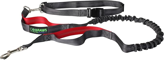 JESPET Hands Free Dog Leash for Running, Walking, Hiking Jogging for Medium & Large Dogs up to 150lbs, Durable Dual Handle Waist Leash with Reflective Bungee and Adjustable Waist (Red)
