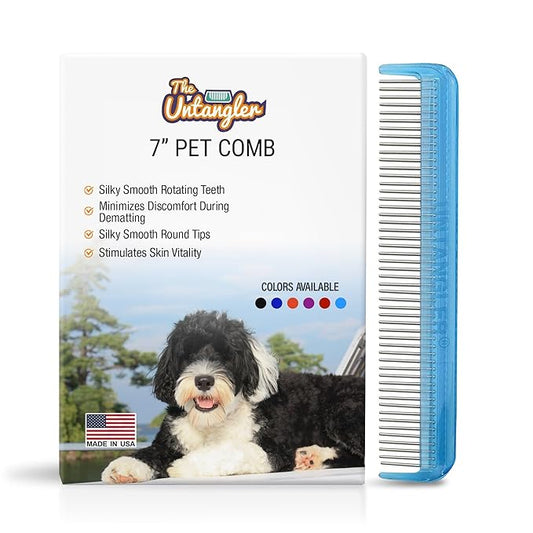 Pet comb with silky smooth rotating teeth for easy mat removal without pain to your pet (7" Sky Blue)
