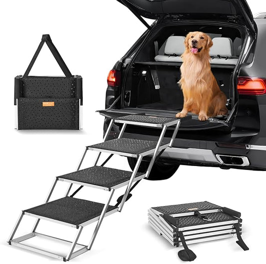 VEVOR Dog Stairs for Car Extra Wide 4-Step Large Dogs, Folding Dog Car Ramp with Nonslip Surface, Portable Pet Steps Lightweight Aluminum for Car, SUV and Truck, Supports up to 250 lbs