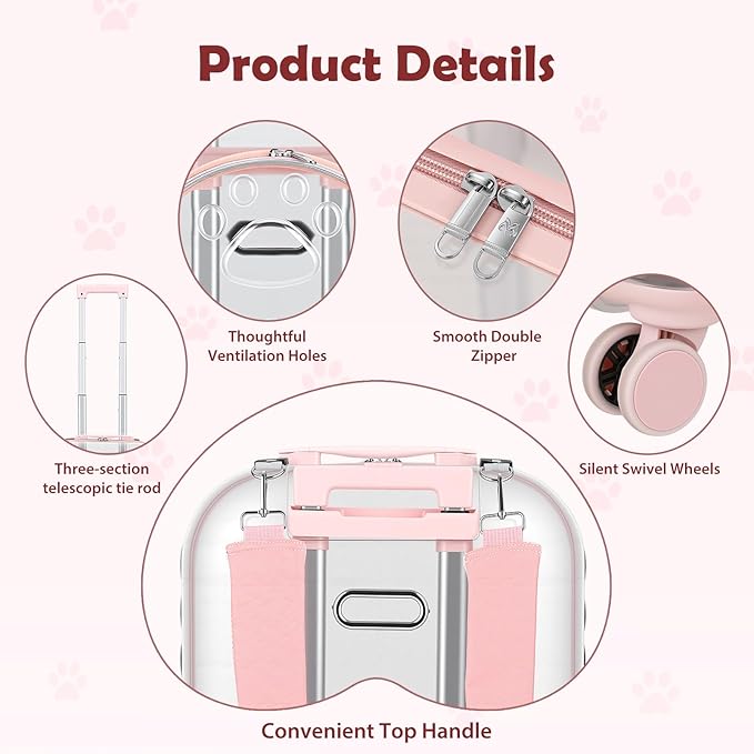 Pet Trolley Case with Ventilation Holes, Pet Carrier,Pet Rolling Carrier,Clear Window Pet Trolley Case,Pet Strollers for Small Dogs,Cat Carrier with Silent Wheels Telescopic for Travel (Pink-A)