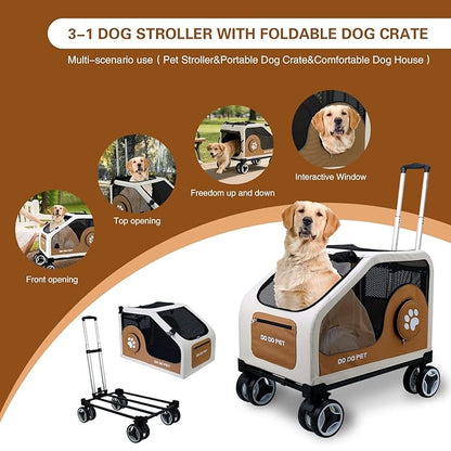 3-1 Dog Stroller for Medium Dogs,Collapsible Soft Dog Travel Crate with Metal Frame for Car Travel,Pet Stroller with Removable Carrier for Pets Up to70LBS(Brown)