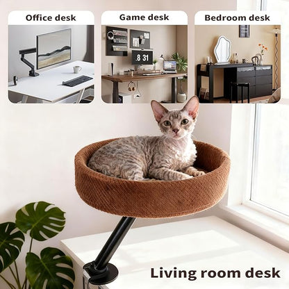 Cat Desk Bed, Cat Nest Bed for Desk Supports Up to 60 lbs, 360° Rotation Soft Cats Hammock, Nest Desktop Attachment Cats Hammock for Various Desktop Side Table Furniture(Brown)