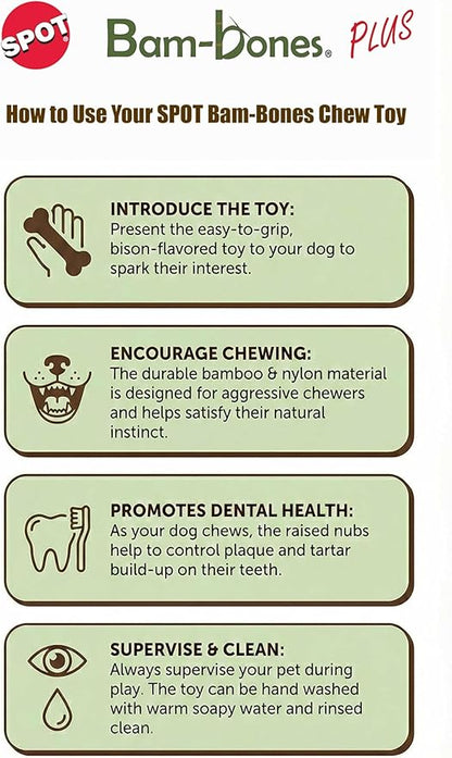 SPOT Bam-Bones Plus Tripod, Bamboo Fiber & Nylon Dog Chew, Durable for Moderate to Aggressive Chewers, Non-Splintering, for Adult Dogs & Teething Puppies Under 50lbs, 5inch, Bison Flavor