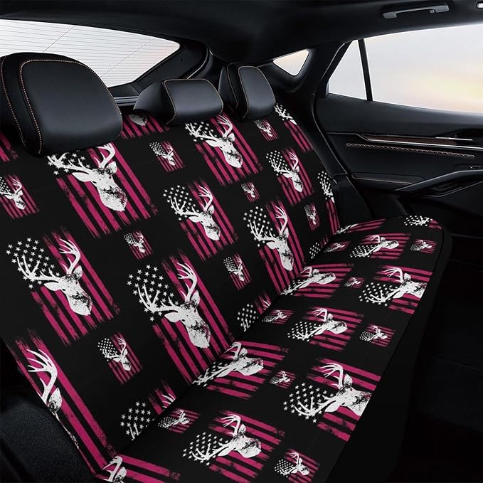 Car Interior Decor Seat Cover, Universal Stretch Back Seat Protector, Car Accessories Rear Bench Seat Covers For Trucks SUV Compatible with American Flag Camo Funny Deer Hunting Pink Camouflage