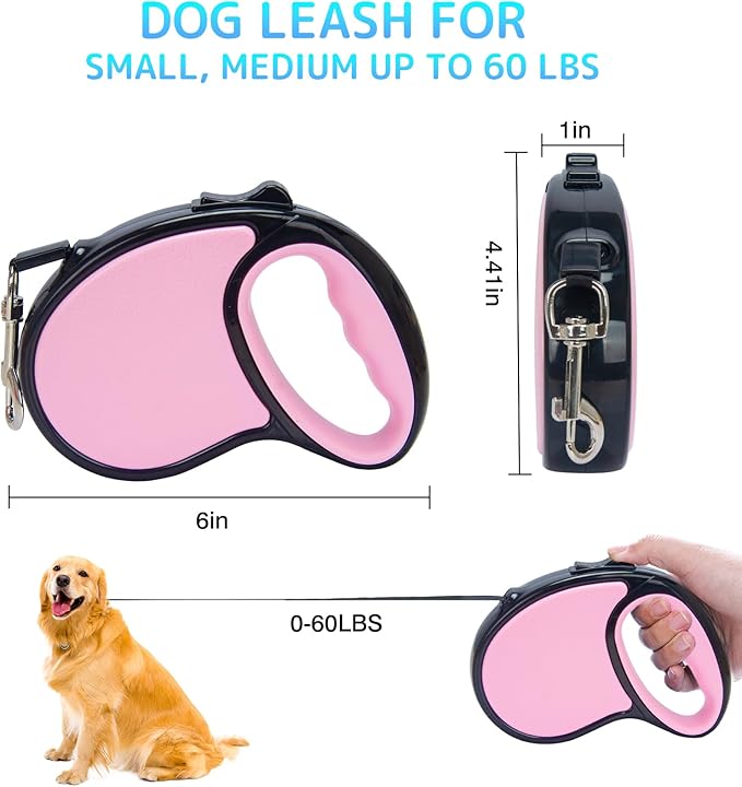 Retractable Dog Leash,16 Ft Dog Retractable Leash,with Anti Slip Handle,Strong Nylon Tape No Tangle,One Handed Brake,Pause,Lock,Suitable for Small and Medium Sized Dogs（Pink）