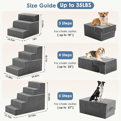 DUMOS Dog Stairs for Small Dogs, 3-Steps Non-Slip Balanced Indoor Foldable Dog Steps with Density Foam & Washable Cover, Cat Puppy Old Pet Stairs for High Bed, Couch, Sofa - Grey, 18" H