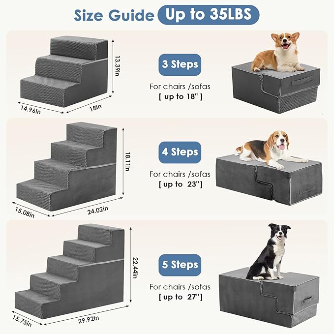 DUMOS Dog Stairs for Small and Medium Dogs, 5-Step Pet Steps with High-Density Foam, Indoor Non-Slip Pet Ramp for Puppy and Older Dogs Cats, Dog Bed Stairs for Couch and Sofa, Grey