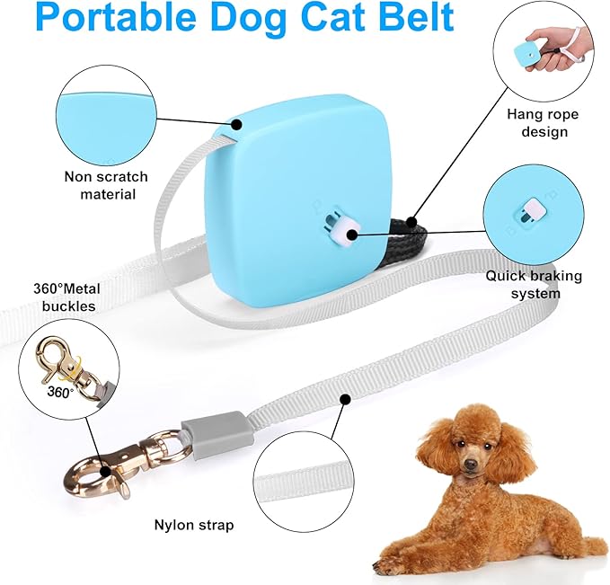 Retractable Dog Leash for Small Dogs Cats up to 11lbs with 6.5ft Anti-Pull Strong Nylon Tape, Hands Free, Mini and Portable Walking Leash with Wrist Strap, One-Hand Brake, Blue Square