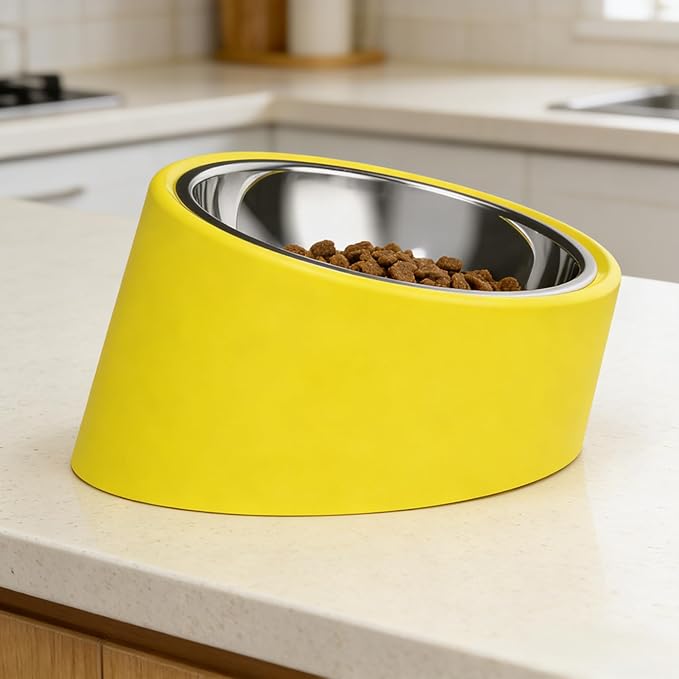 French Bulldog Bowl (15° Tilted) - Anti-Choke Slow Feeder for Flat-Faced Dogs, Non-Spill Non-Skid Weighted Base, Large 750ml (Yellow)