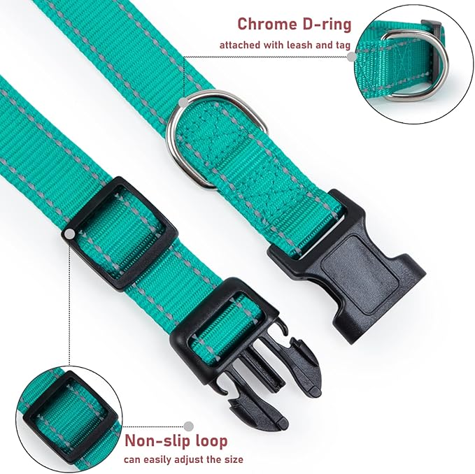 Reflective Dog Collar with Buckle Adjustable Safety Nylon Collars for Small Medium Large Dogs, Green S