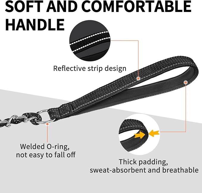 HOMIMP Heavy Duty Dog Leash - Chew Proof 4 FT, Reflective, Metal Training Leash with Soft Padded Handle, Strong Rope for Night Walking, Black