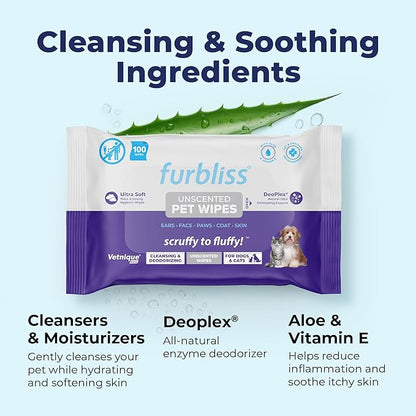Vetnique Furbliss Hygienic Dog Grooming Wipes Cleansing Grooming & Deodorizing Hypoallergenic Pet Wipes with Natural Deodorizer 100ct (Unscented)