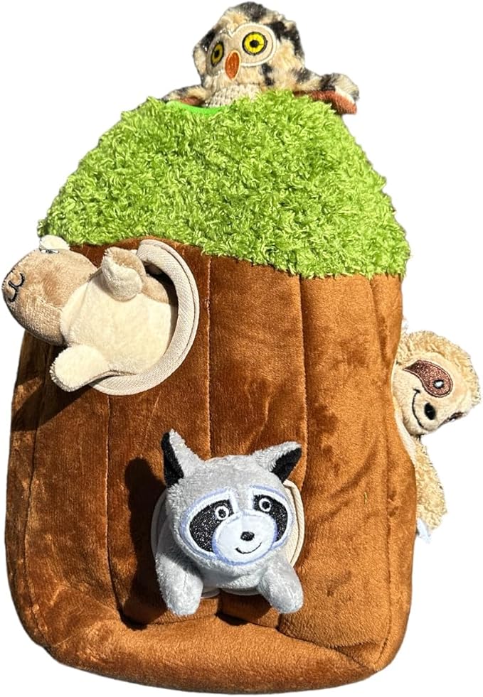 Glow Pups Hide and Seek Dog Toy, Interactive Plush Burrow Toy with Squeaker for Puppies, Woodland Animals Inside Trunk, Mental Stimulation, Medium Size, Brown (Raccoon, Squirrel, Sloth, Owl)