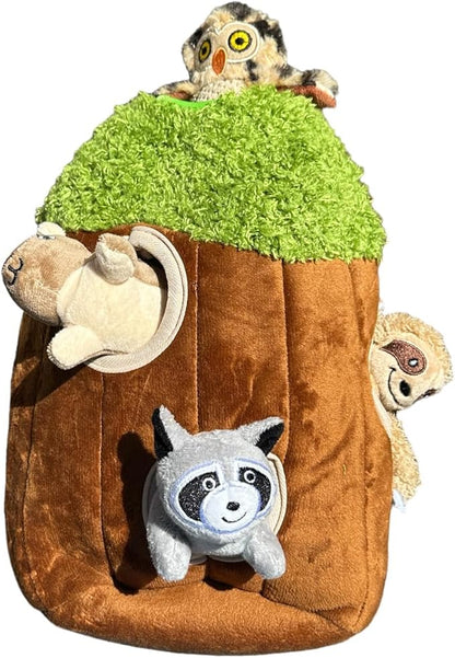 Glow Pups Hide and Seek Dog Toy, Interactive Plush Burrow Toy with Squeaker for Puppies, Woodland Animals Inside Trunk, Mental Stimulation, Medium Size, Brown (Raccoon, Squirrel, Sloth, Owl)