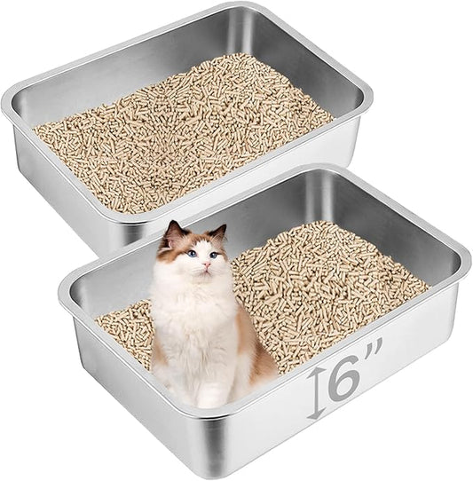 2 Pack Stainless Steel Cat Litter Box, 19.7"×13.8"×6" Metal Litter Pan, Big Litter Box for Multiple Cats, Easy Cleaning
