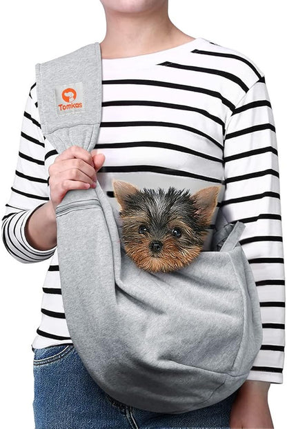 Tomkas Small Dog Cat Sling Carrier Puppy Purse Travel Wrap Soft Crossbody Pet Bag (Grey, M - Zip Pocket & Adjust Strap)