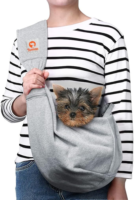 Tomkas Small Dog Cat Sling Carrier Puppy Purse Travel Wrap Soft Crossbody Pet Bag (Grey, M - Zip Pocket & Adjust Strap)
