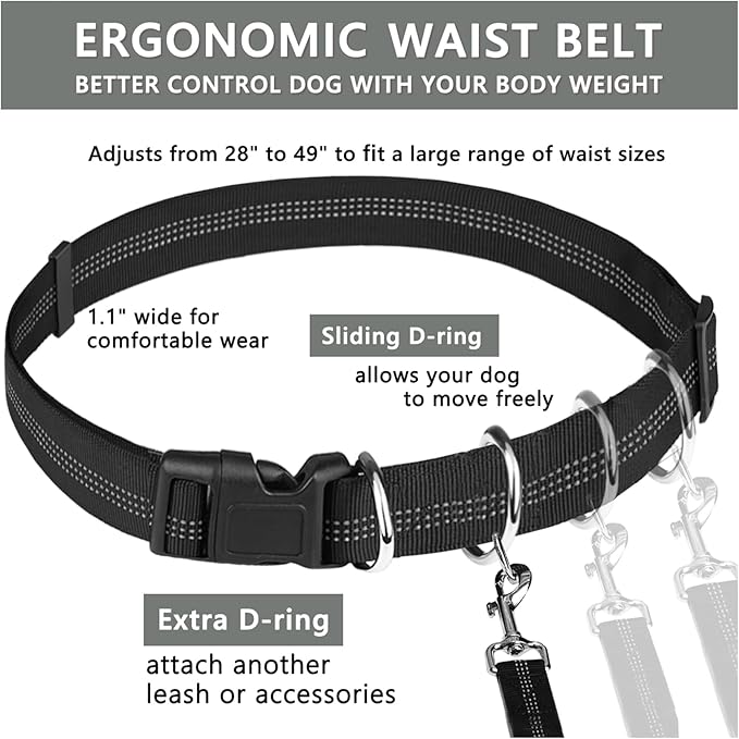 LANNEY Hands Free Dog Leash, Waist Running Leash with Zipper, Walking Pouch for Medium Large Dogs, Dual Handle and Retractable Bungee for Training Jogging Hiking(25-120 lbs, Grey)