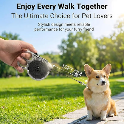 Retractable Dog Leash for Small Dogs, 10ft Retractable Leash for Puppies Up to 26 lbs, 360° Tangle-Free Heavy Duty Nylon Tape, One-Handed Brake Pause Lock, Reflective Strip for Safe Night Walking