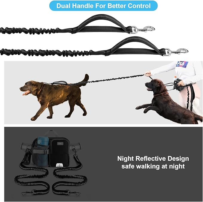 ETACCU Hands Free Dog Leash with Phone Pouch for 2 Dogs, Water Bottle Holder - Adjustable Waist Belt 19-38 Inch Belt Leash for Running, Reflective Shock Absorbing 48"-70" Extendable (Black 2)