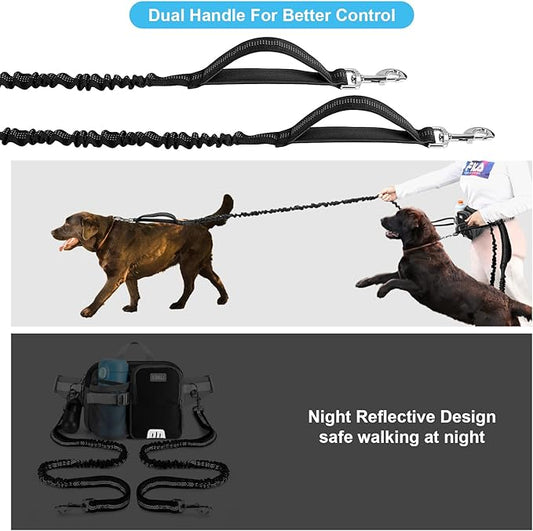 ETACCU Hands Free Dog Leash with Phone Pouch for 2 Dogs, Water Bottle Holder - Adjustable Waist Belt 19-38 Inch Belt Leash for Running, Reflective Shock Absorbing 48"-70" Extendable (Black 2)