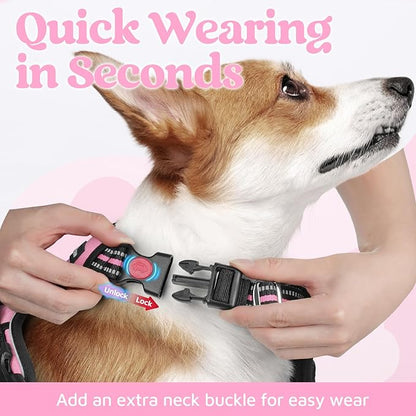 rabbitgoo Dog Harness for Large Dogs, No Pull Pet Vest with 3 Buckles, Adjustable Soft Padded Pet Harness with Easy Control Handle and Reflective Strips, Light Pink, L