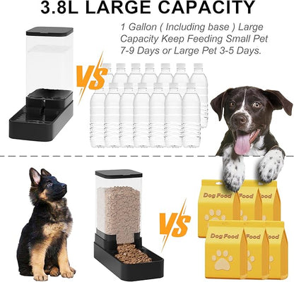 Automatic Cat Feeder and Water Dispenser in Set with Pet Food Bowl,Gravity Dog Waterer and Food Feeder for Small Medium Dog Cat Puppy Kitten Large Capacity(3.8L,Black)