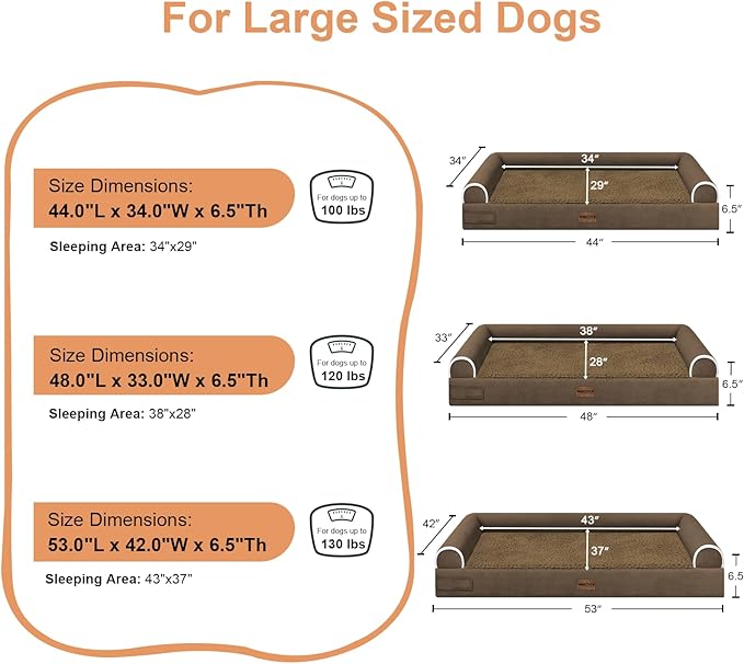 Large Dog Bed Orthopedic Washable: Jumbo Dog Bed Bolster Extra Large Dogs Egg Crate Foam Sofa Couch Waterproof Removable Cover - Coffee